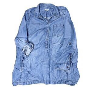 J. Jill Denim Women XL Blue Lyocell Chambray Roll Tab Sleeve Button Tunic Shirt